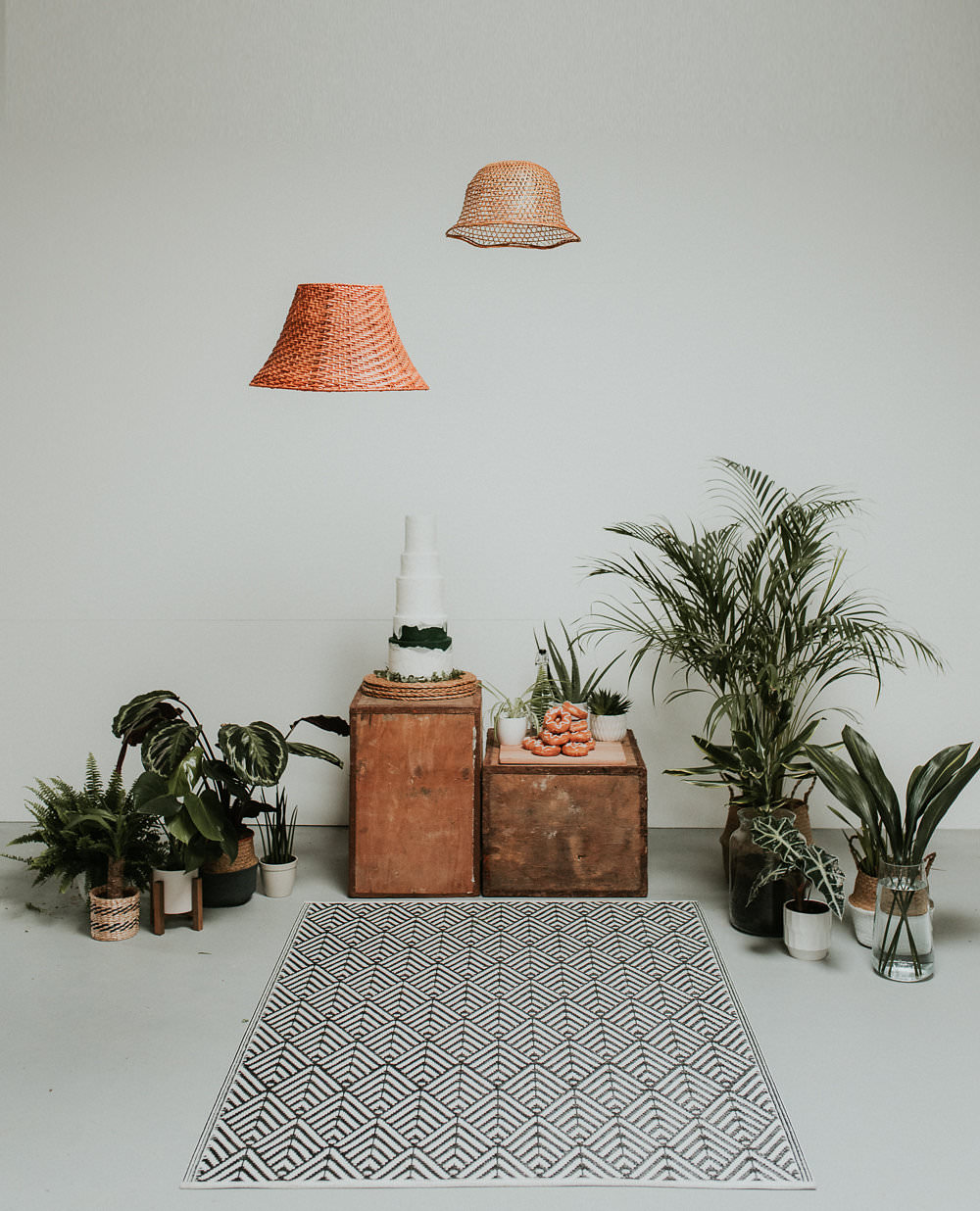 Peacock Chair Decor Table House Plants Succulents Foliage Greenery Cake Lampshades Scandinavian Mid Century Minimal Wedding Ideas Rachel Lou Photography