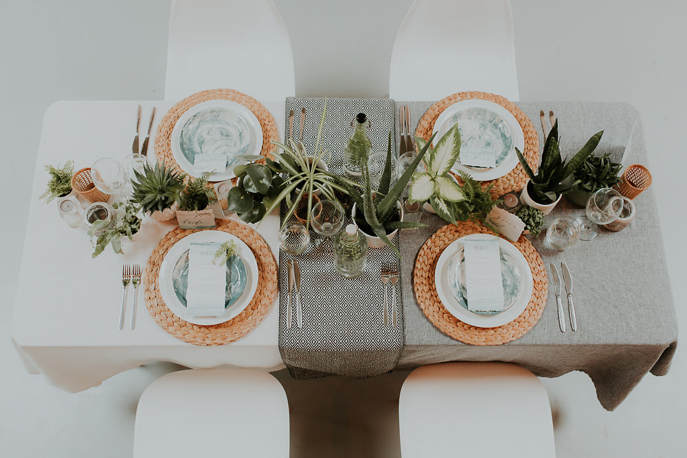 Place Setting Matt Woven Wicker Grey Table Runner Monochrome Print Scandinavian Mid Century Minimal Wedding Ideas Rachel Lou Photography