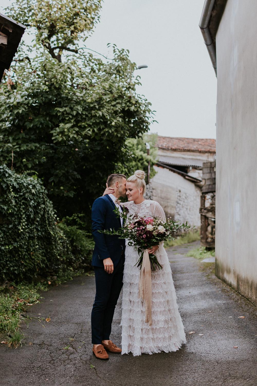 Bride Bridal Dress Gown Sleeves Ruffle Skirt Slovenia Wedding Bohemian Maja Tsolo Photography