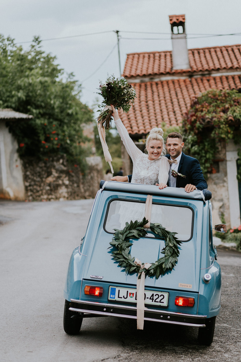 Citreon Car Transport Vintage Blue Wreath Slovenia Wedding Bohemian Maja Tsolo Photography