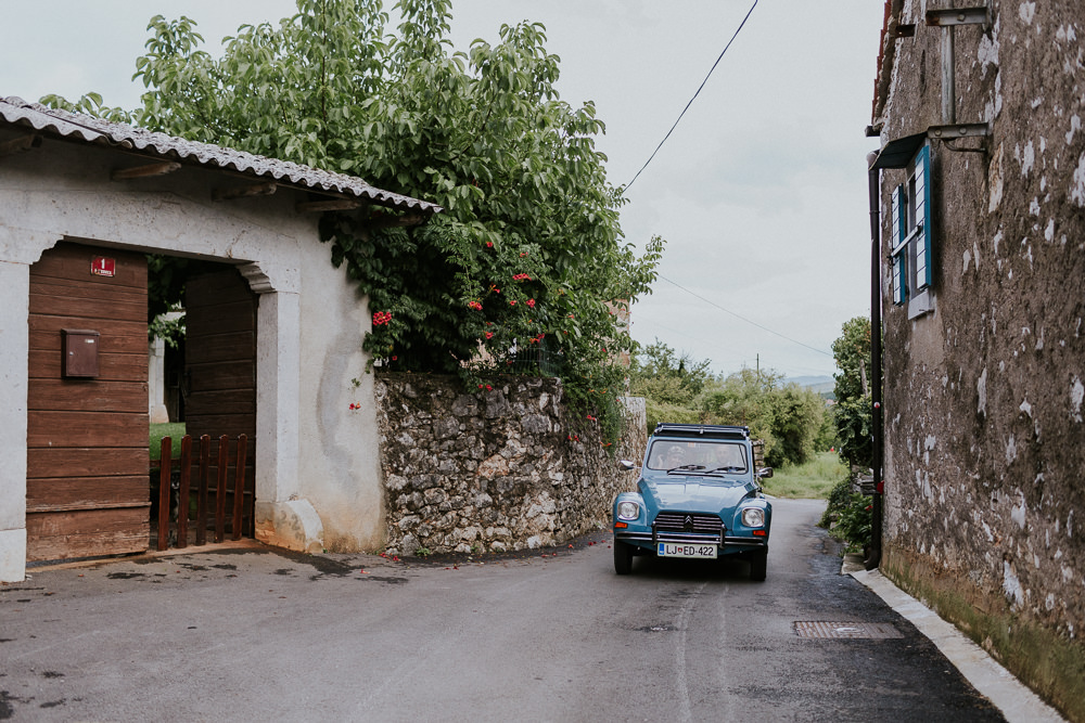 Citreon Car Transport Vintage Blue Slovenia Wedding Bohemian Maja Tsolo Photography