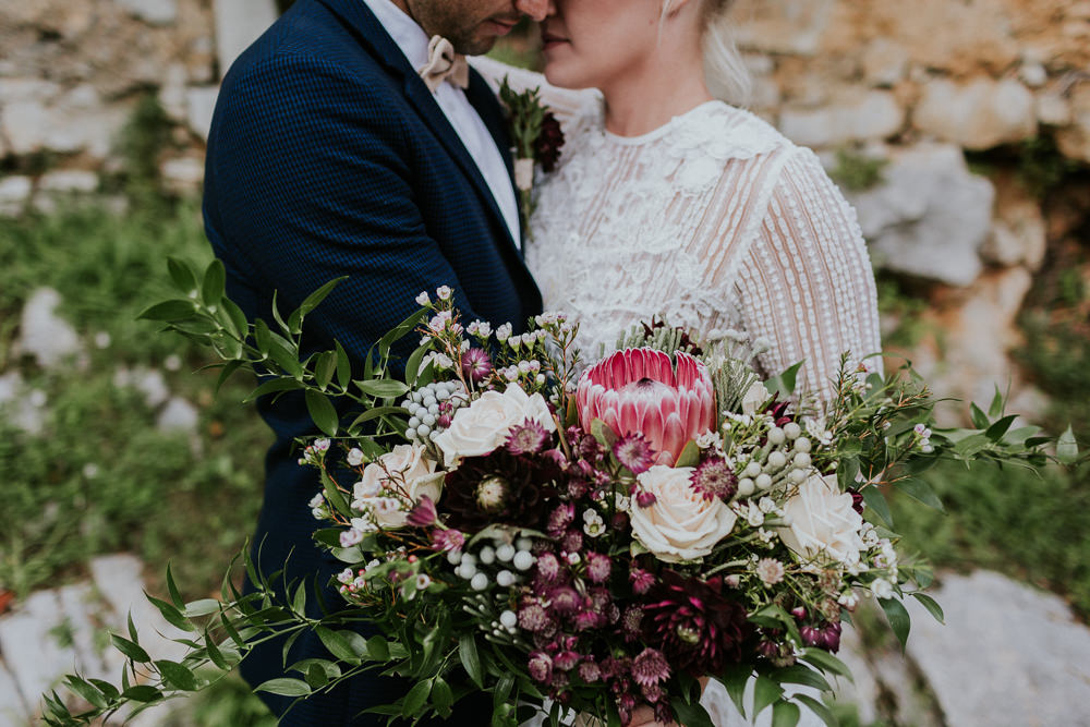 Bouquet Flowers Bride Bridal Protea Greenery Foliage Berries Rose Ribbons Slovenia Wedding Bohemian Maja Tsolo Photography
