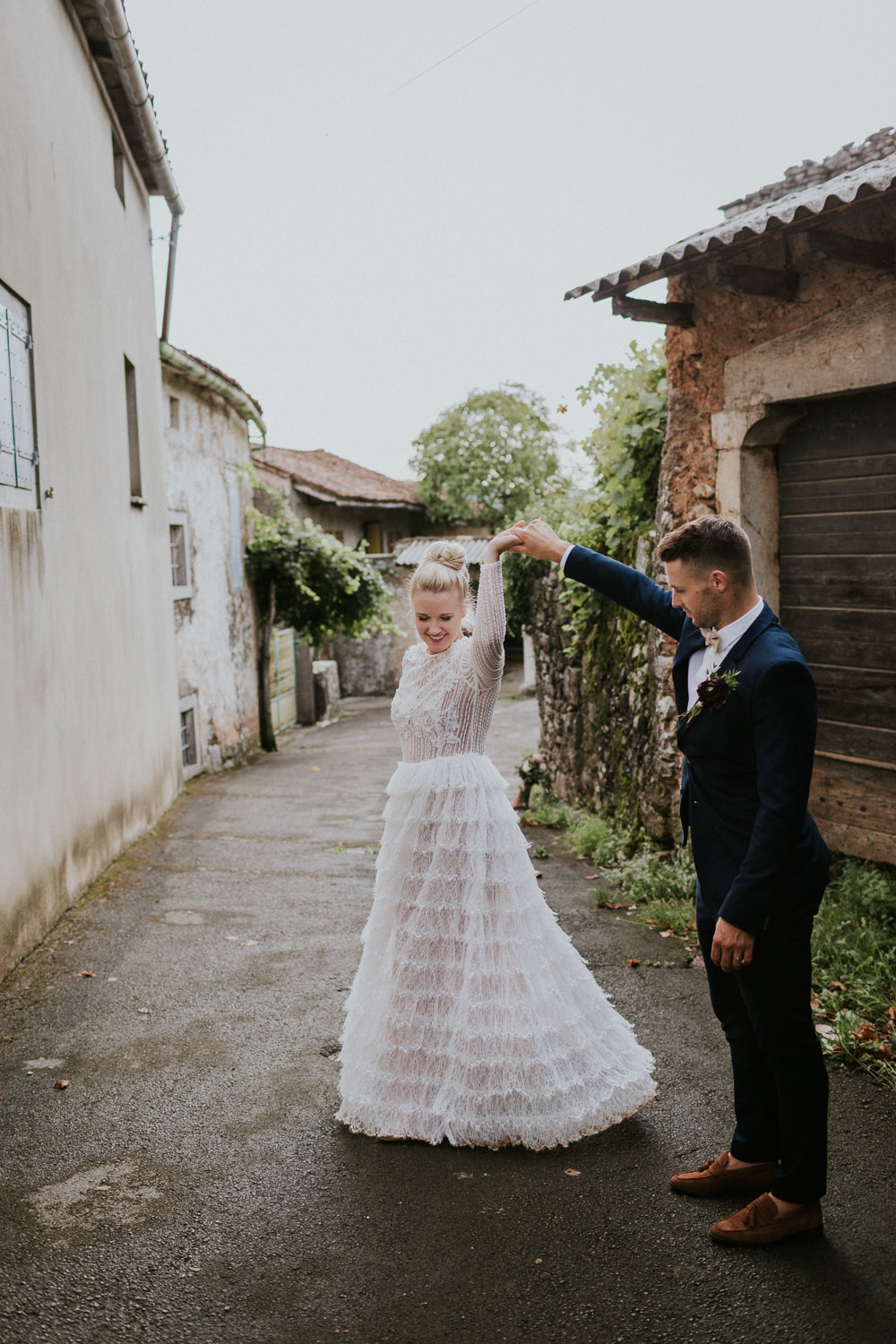 Bride Bridal Dress Gown Sleeves Ruffle Skirt Slovenia Wedding Bohemian Maja Tsolo Photography