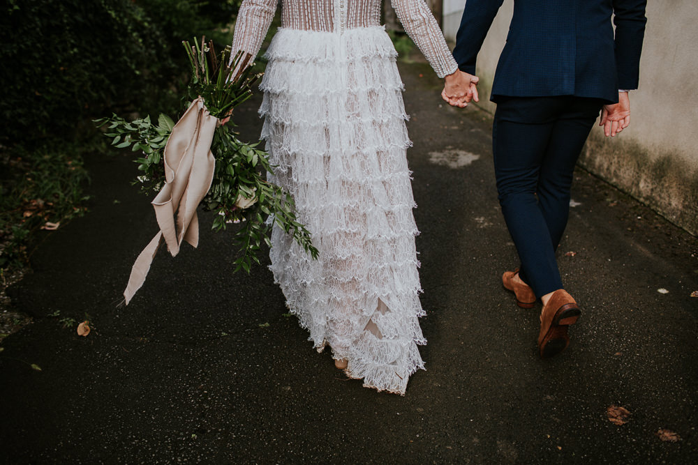 Bride Bridal Dress Gown Sleeves Ruffle Skirt Slovenia Wedding Bohemian Maja Tsolo Photography