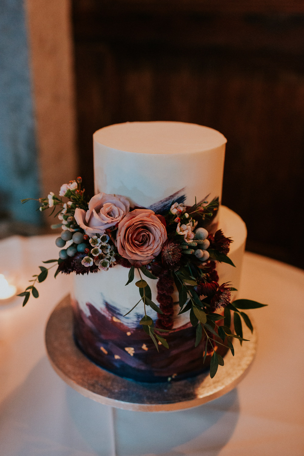 Cake Flowers Floral Watercolour Brush Marks Violet Purple Gold Slovenia Wedding Bohemian Maja Tsolo Photography