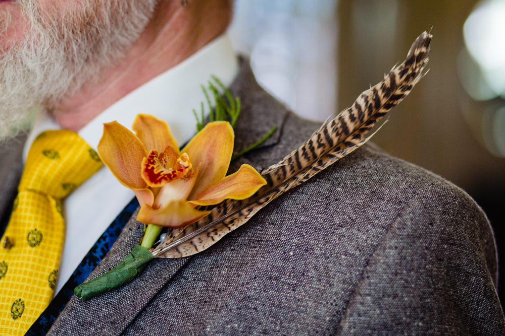 Buttonhole Flowers Orchid Feather Groom Groomsmen Stepney Hill Farm Wedding Emma + Rich Photography