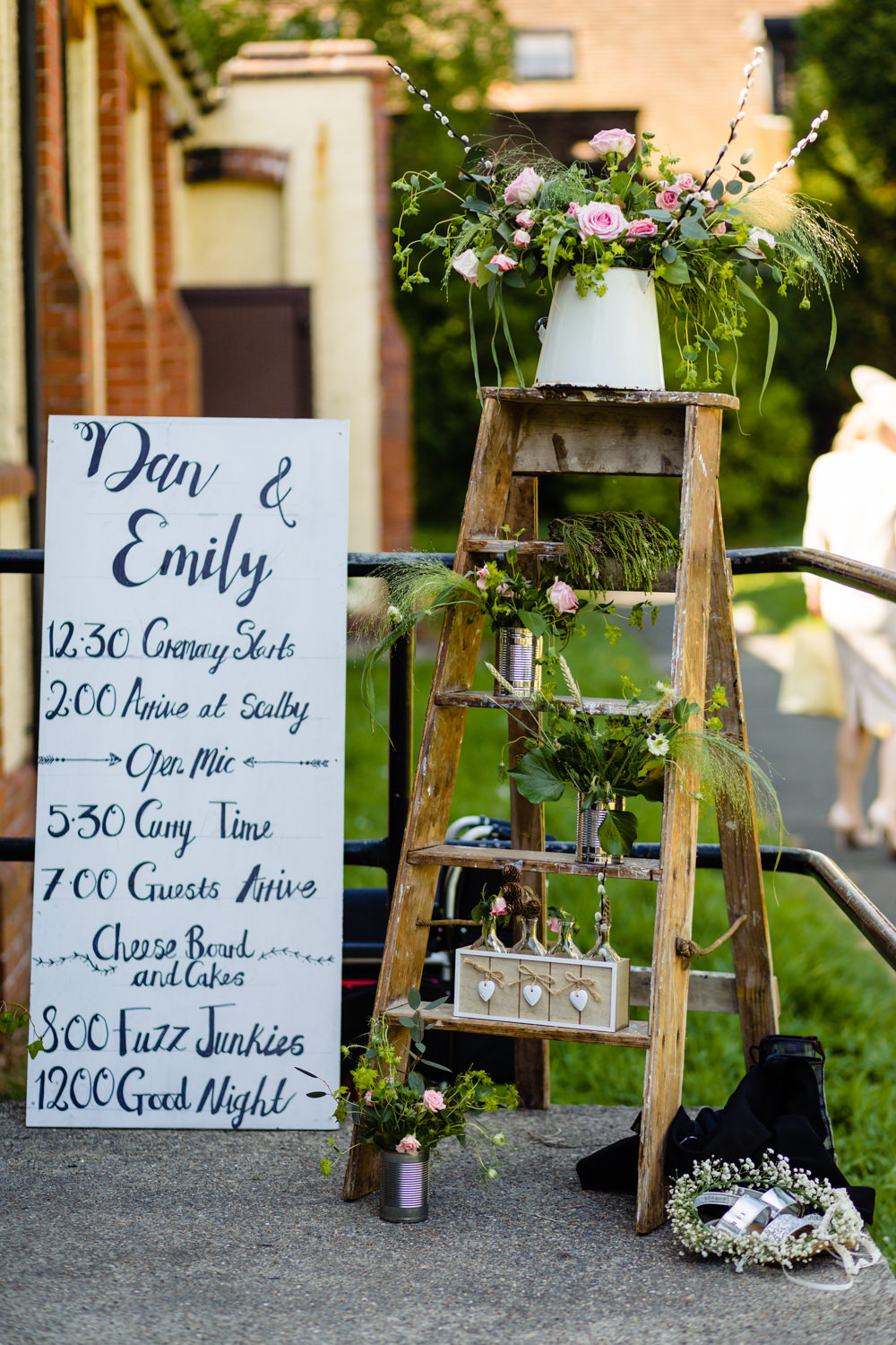 Wooden Ladder Tin Can Flowers Order Day Sign Stepney Hill Farm Wedding Emma + Rich Photography