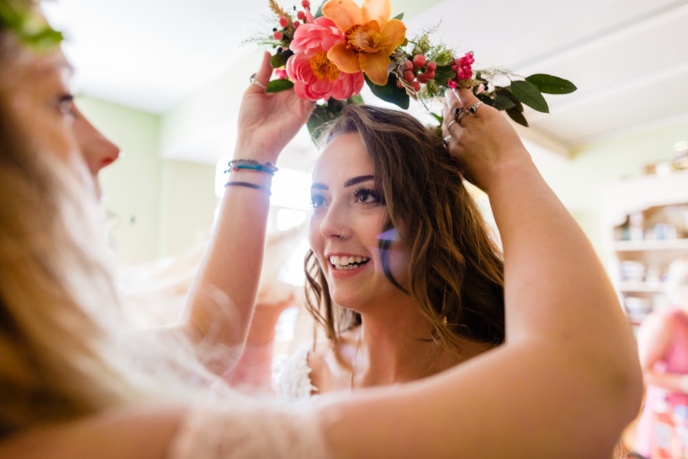 Flower Crown Bride Bridal Floral Colourful Pink Orange Orchid Stepney Hill Farm Wedding Emma + Rich Photography