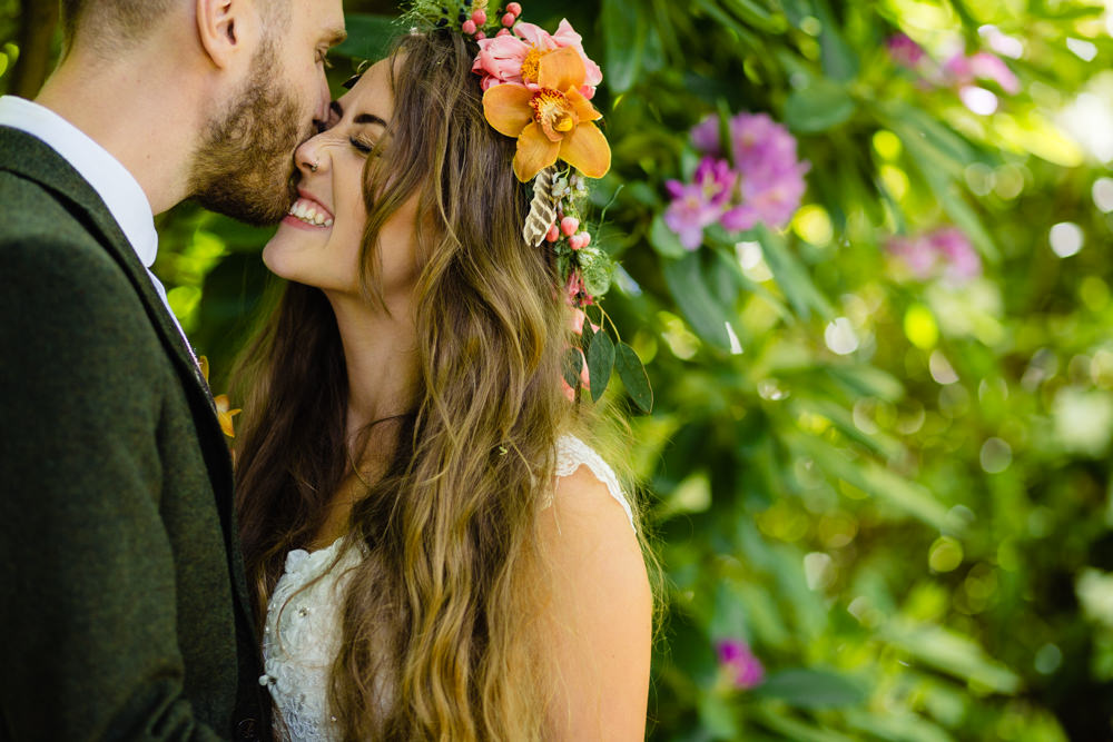 Flower Crown Bride Bridal Floral Colourful Pink Orange Orchid Stepney Hill Farm Wedding Emma + Rich Photography