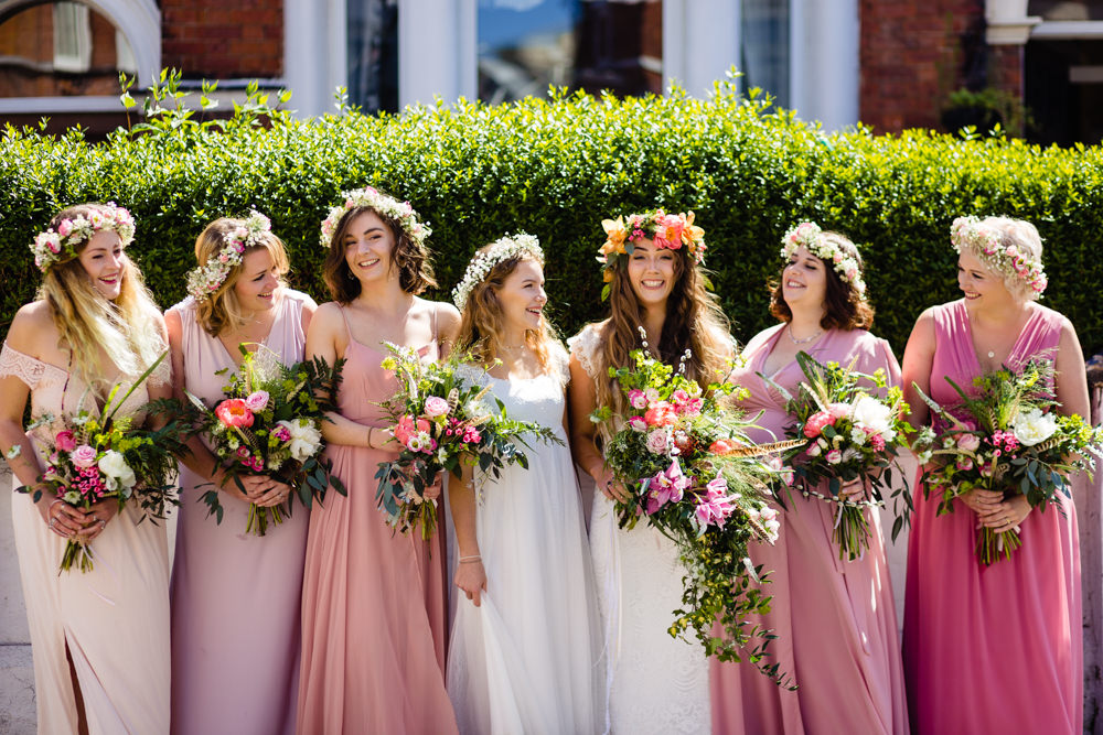 Bridesmaids Pink Dresses Flower Crowns Boho Bohemian Stepney Hill Farm Wedding Emma + Rich Photography