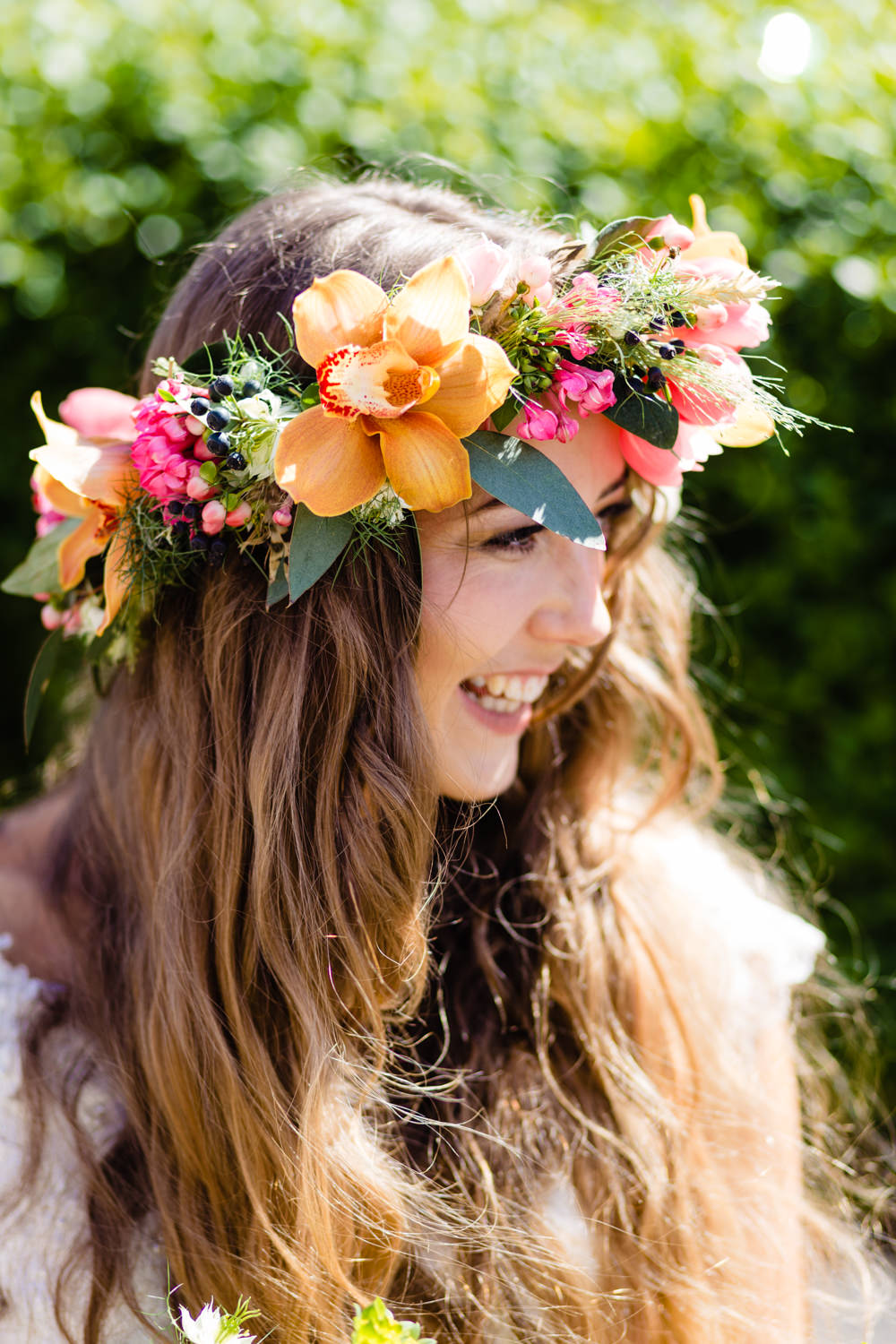 Flower Crown Bride Bridal Floral Colourful Pink Orange Orchid Stepney Hill Farm Wedding Emma + Rich Photography