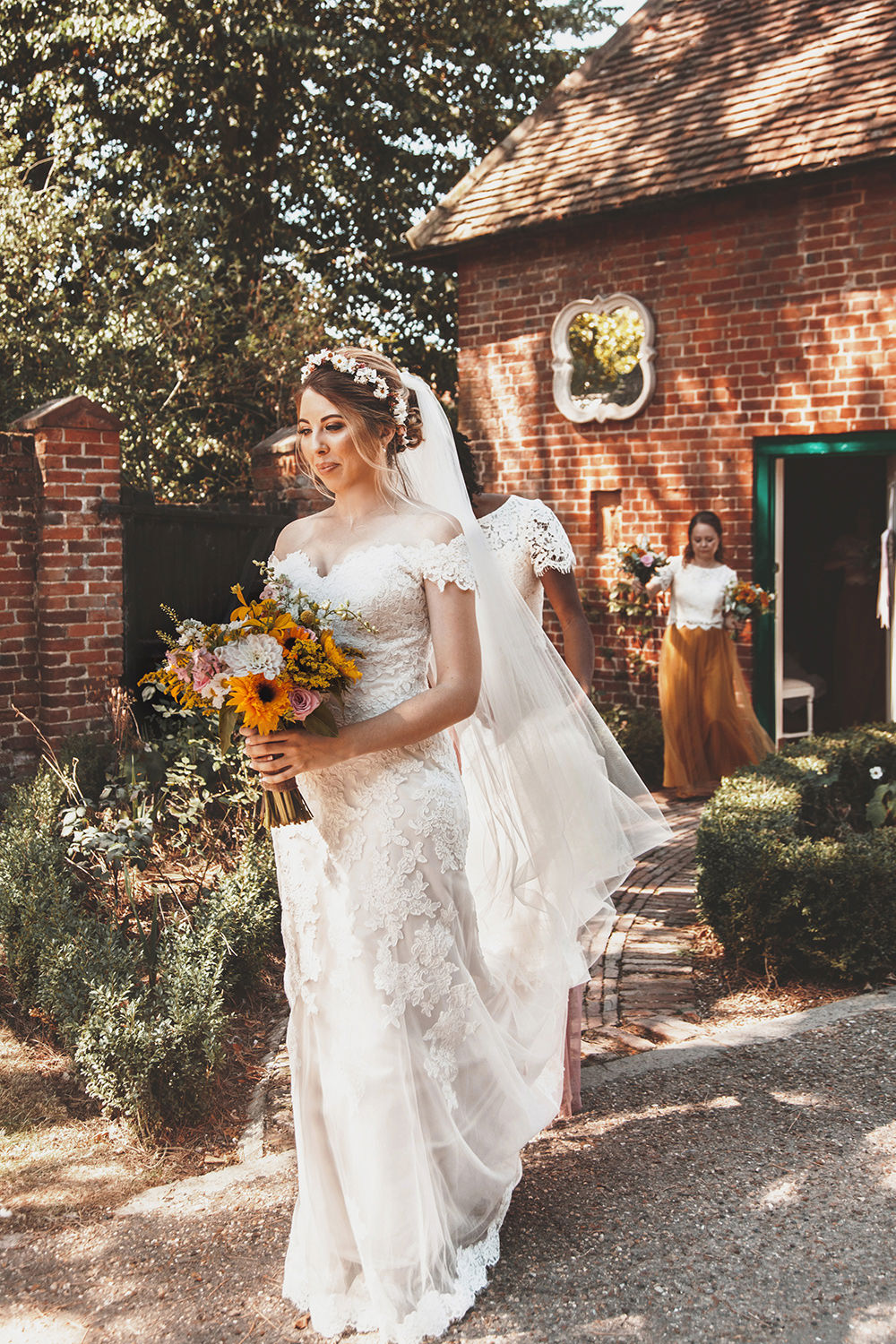 Bride Bridal Dress Gown Lace Fit Flare Train Justin Alexander Summer Sunflower Rustic Wedding Masha Unwerth
