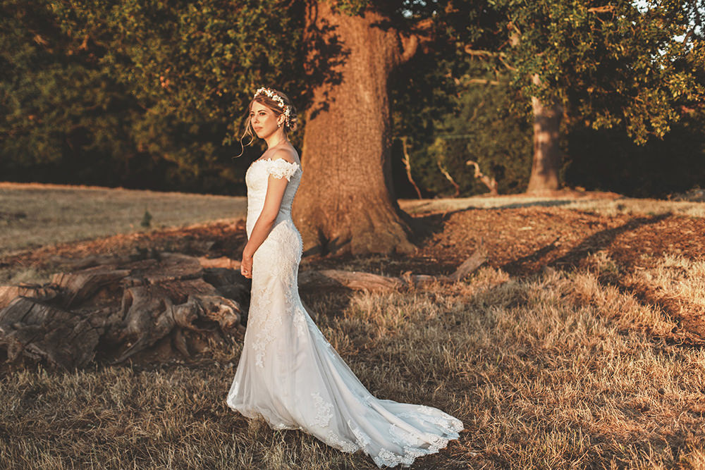 Bride Bridal Dress Gown Lace Fit Flare Train Justin Alexander Summer Sunflower Rustic Wedding Masha Unwerth