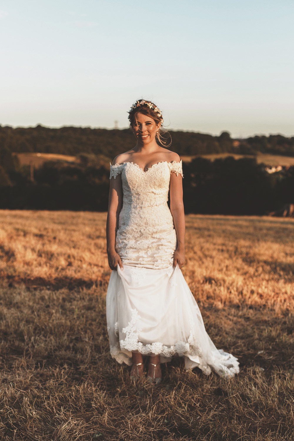 Summer Sunflower Rustic Wedding Masha UnwerthBride Bridal Dress Gown Lace Fit Flare Train Justin Alexander