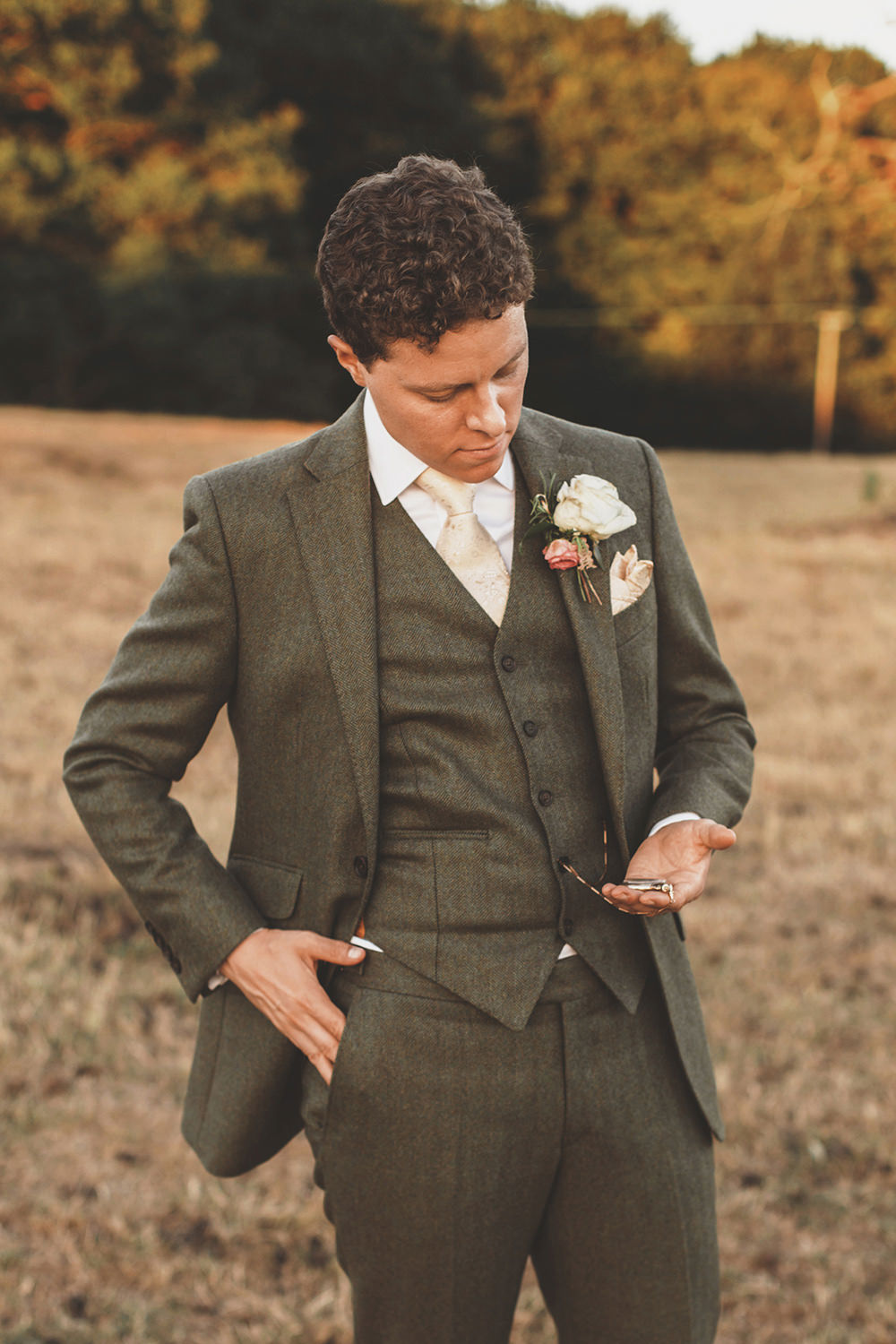 Groom Suit Green Tweed Waistcoat Summer Sunflower Rustic Wedding Masha Unwerth
