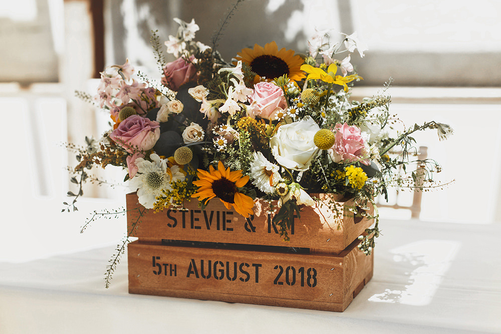 Wooden Crate Flowers Personalised Colourful Wild Summer Sunflower Rustic Wedding Masha Unwerth