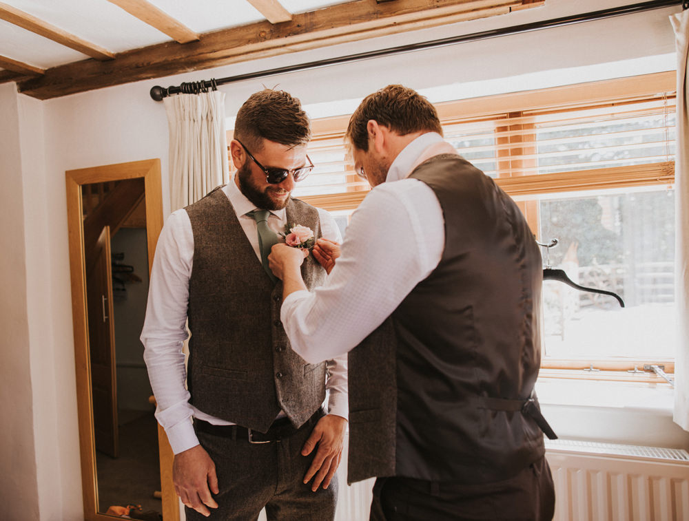 Tweed Waistcoat Groom Green Tie Tewin Bury Farm Wedding Brook Rose Photography