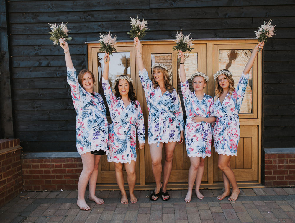 Bride Bridal Bridesmaids Floral Dressing Gown Robe Bouquet Gypsophila Flower Crowns Tewin Bury Farm Wedding Brook Rose Photography
