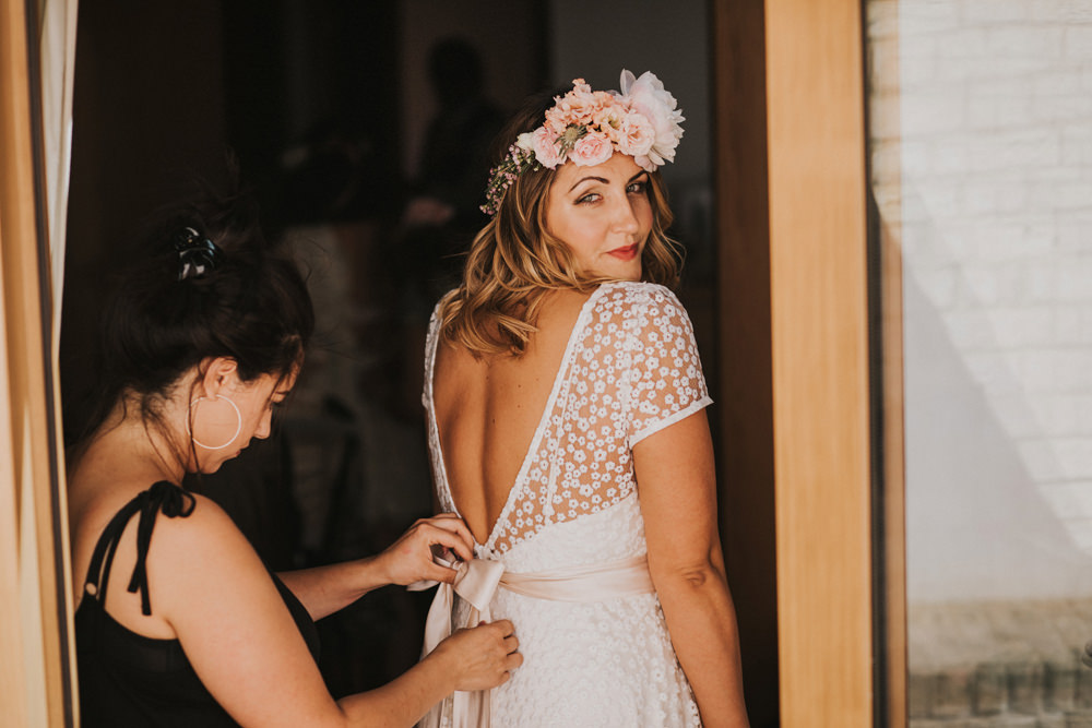 Bride Bridal Floral Low Back Pink Sash Flower Crown Tewin Bury Farm Wedding Brook Rose Photography