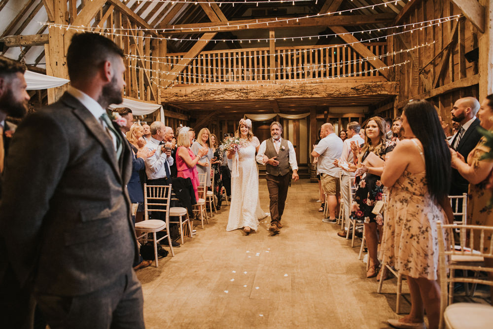 Bride Bridal Flower Crown Lace Sweetheart Neckline Tweed Waistcoat Groom Tewin Bury Farm Wedding Brook Rose Photography