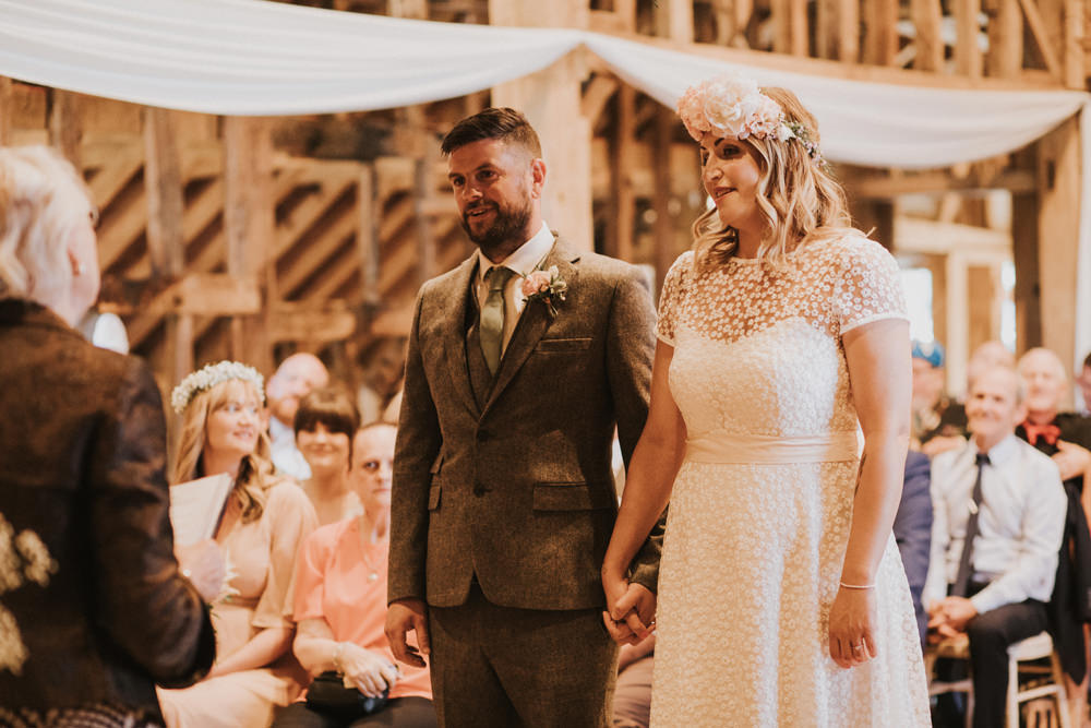 Bride Bridal Flower Crown Lace Sweetheart Neckline Tweed Waistcoat Groom Tewin Bury Farm Wedding Brook Rose Photography