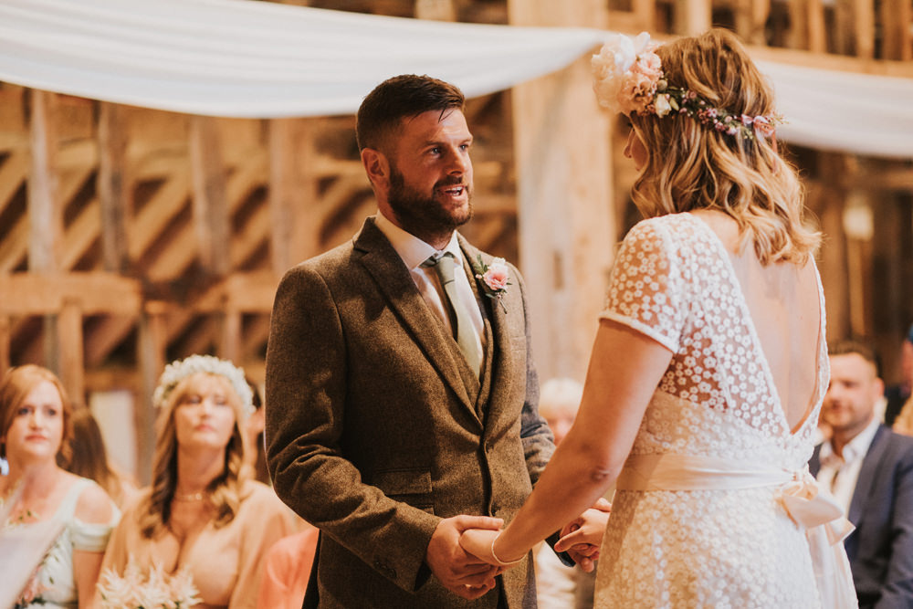 Bride Bridal Flower Crown Lace Sweetheart Neckline Tweed Waistcoat Groom Pink Sash Tewin Bury Farm Wedding Brook Rose Photography
