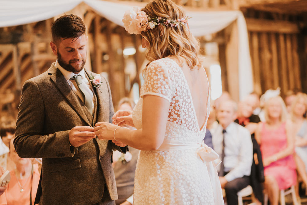Bride Bridal Flower Crown Lace Sweetheart Neckline Tweed Waistcoat Groom Pink Sash Tewin Bury Farm Wedding Brook Rose Photography