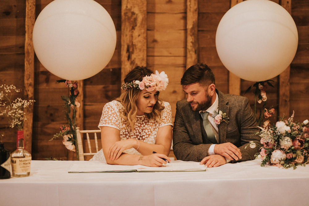 Bride Bridal Flower Crown Lace Sweetheart Neckline Tweed Waistcoat Groom Register Signing Giant Balloon Tewin Bury Farm Wedding Brook Rose Photography