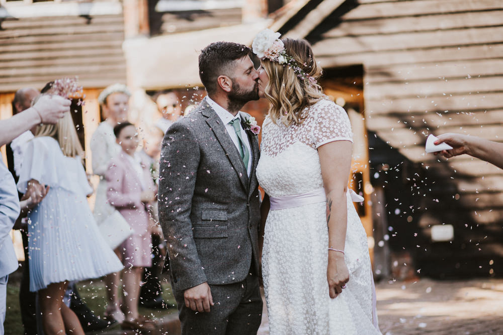 Bride Bridal Flower Crown Lace Sweetheart Neckline Tweed Waistcoat Groom Pink Sash Tewin Bury Farm Wedding Brook Rose Photography