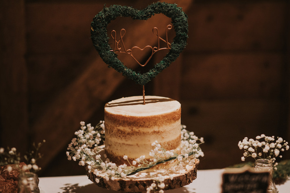 Naked Cake Gypsophila Log Wood Slice Stand Copper Wire Topper Tewin Bury Farm Wedding Brook Rose Photography