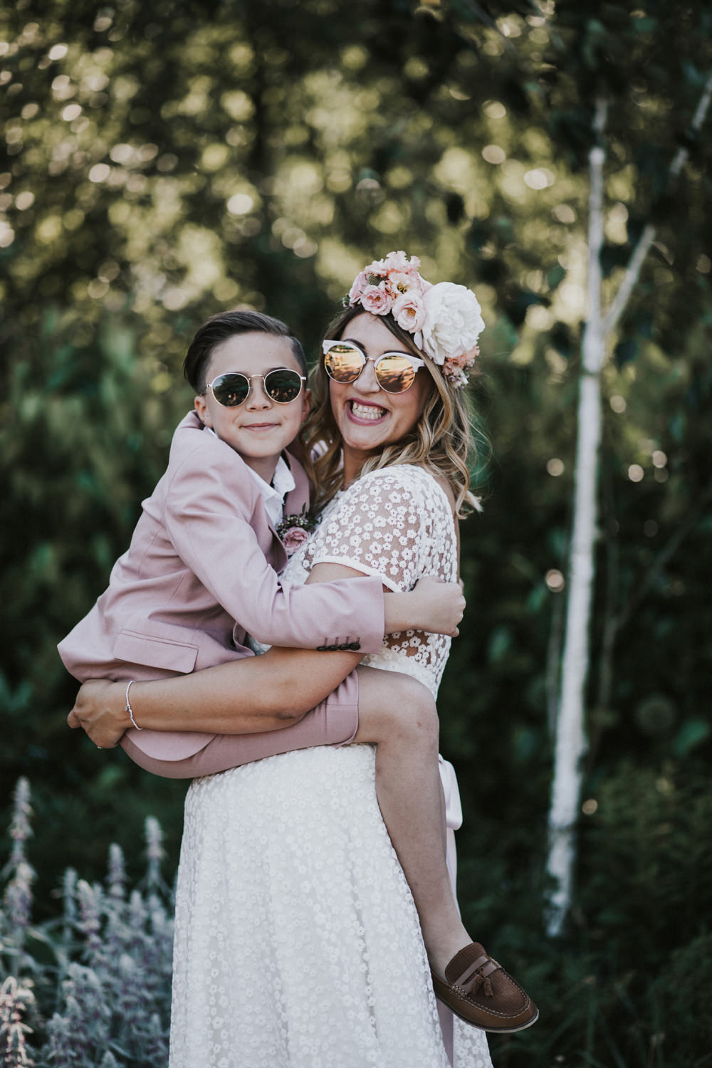 Bride Bridal Flower Crown Lace Sweetheart Neckline Pink Suit Page Boy Sunglasses Tewin Bury Farm Wedding Brook Rose Photography