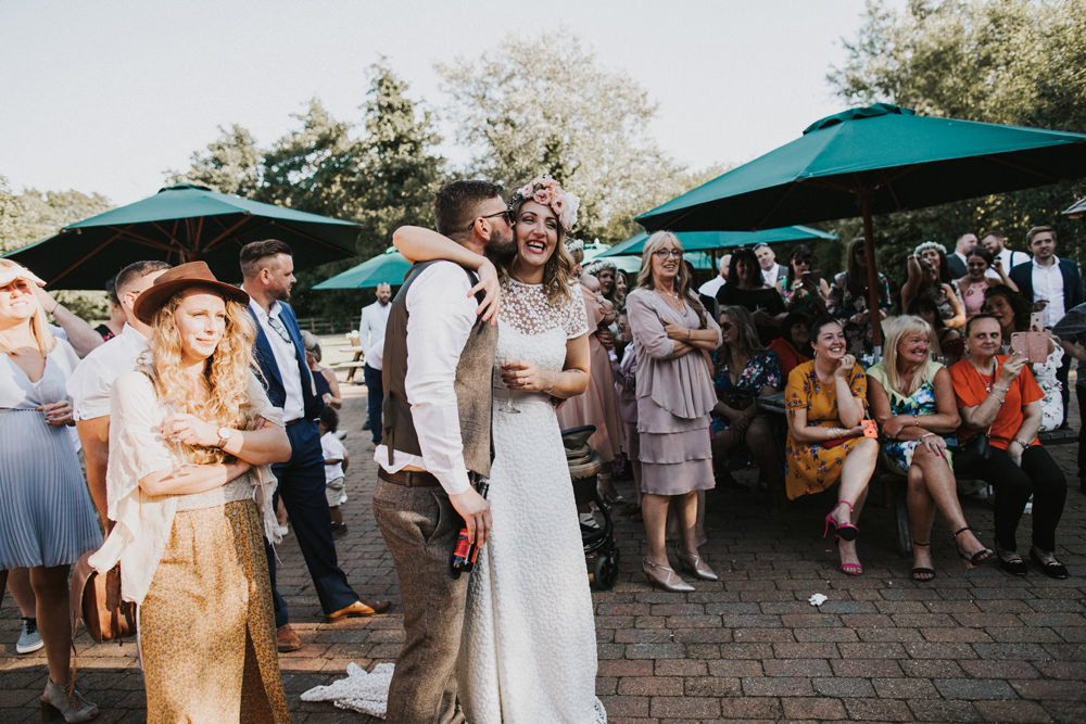 Bride Bridal Flower Crown Lace Sweetheart Neckline Tweed Waistcoat Groom Tewin Bury Farm Wedding Brook Rose Photography