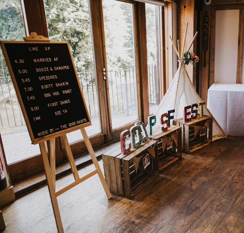 Line Up Peg Board Letter Crates Festival Tipi Wigwam Tewin Bury Farm Wedding Brook Rose Photography