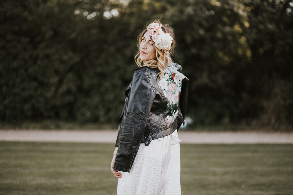 Bride Bridal Flower Crown Lace Sweetheart Neckline Leather Jacket Tewin Bury Farm Wedding Brook Rose Photography