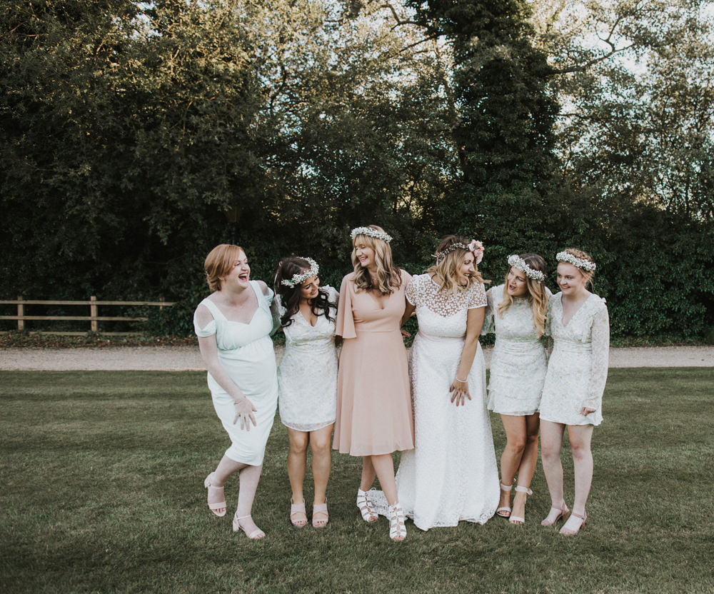 Bride Bridal Flower Crown Lace Sweetheart Neckline Blush Sage White Bridesmaids Gypsophila Flower Crown Tewin Bury Farm Wedding Brook Rose Photography