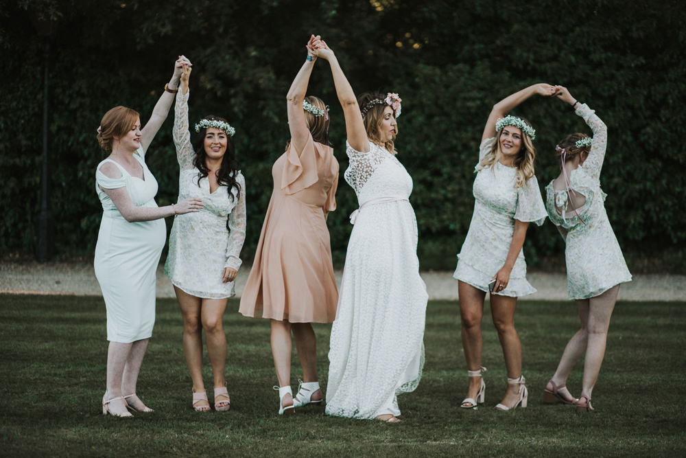 Bride Bridal Flower Crown Lace Sweetheart Neckline Blush Sage White Bridesmaids Gypsophila Tewin Bury Farm Wedding Brook Rose Photography