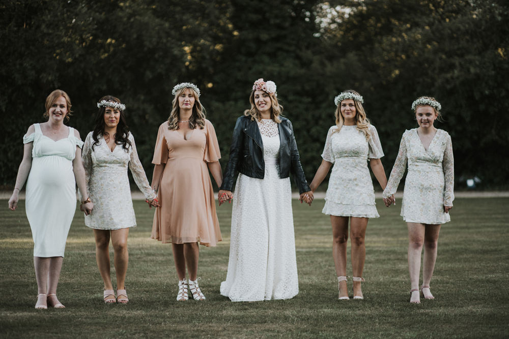 Bride Bridal Flower Crown Lace Sweetheart Neckline Blush Sage White Bridesmaids Gypsophila Flower Crown Leather Jacket Tewin Bury Farm Wedding Brook Rose Photography