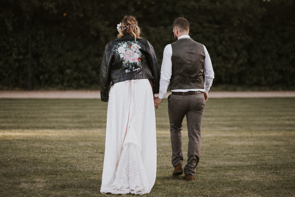 Bride Bridal Flower Crown Lace Sweetheart Neckline Waistcoat Groom Leather Jacket Tewin Bury Farm Wedding Brook Rose Photography