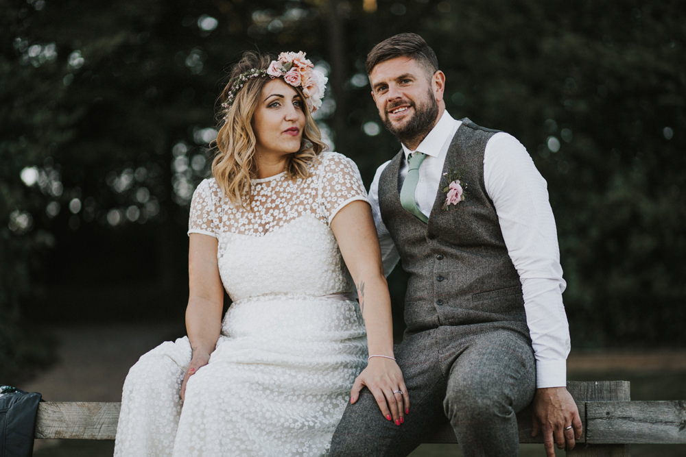 Bride Bridal Flower Crown Lace Sweetheart Neckline Waistcoat Groom Tewin Bury Farm Wedding Brook Rose Photography