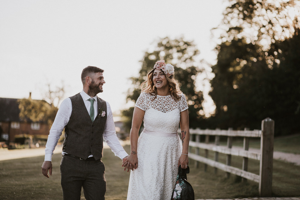 Bride Bridal Flower Crown Lace Sweetheart Neckline Waistcoat Groom Tewin Bury Farm Wedding Brook Rose Photography