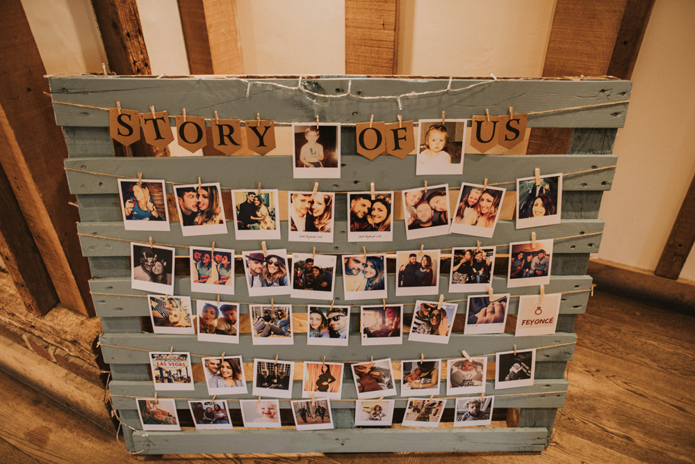 Pallet Sage Story of Us Polaroid Photograph Peg Twine Fairy Lights Tewin Bury Farm Wedding Brook Rose Photography