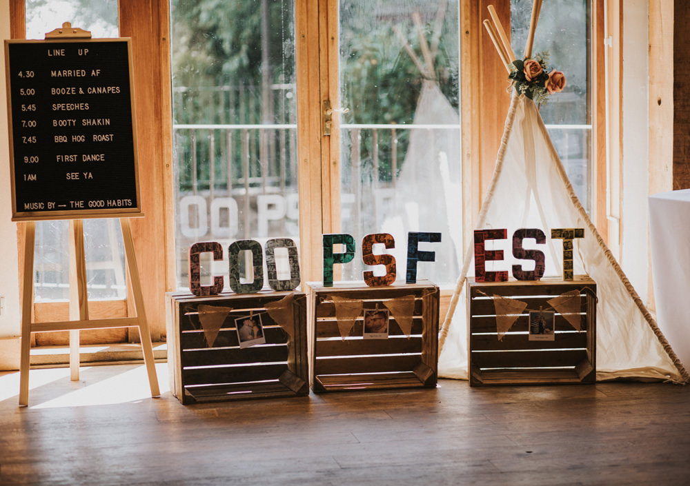 Fest Festival Letters Bunting Crates Line Up Peg Word Board Easel Tipi Tewin Bury Farm Wedding Brook Rose Photography