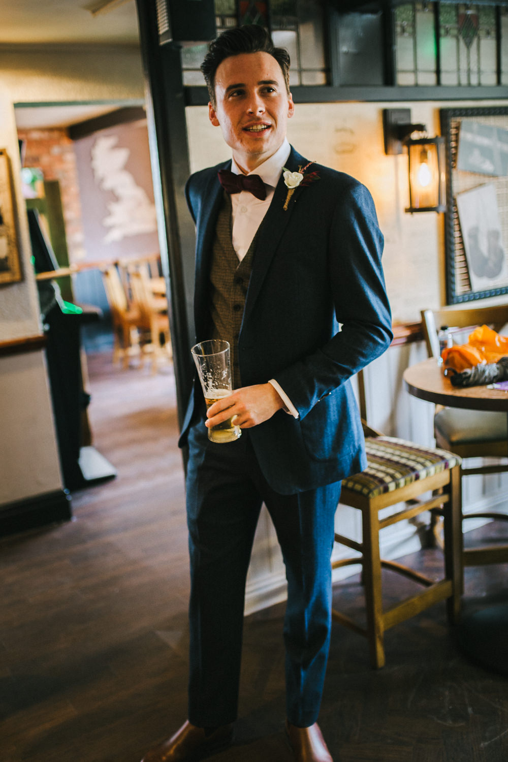 Groom Suit Blue Grey Waistcoat Red Bow Tie Tipi Garden Wedding Amy Jordison Photography