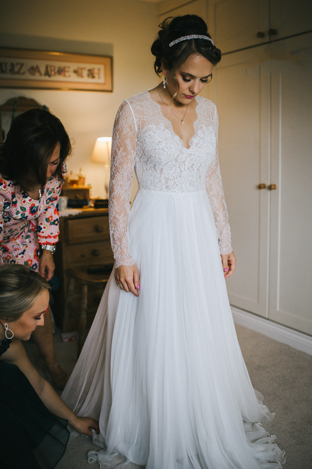 Dress Gown Bride Bridal Long Sleeves Tulle Skirt Train Tipi Garden Wedding Amy Jordison Photography