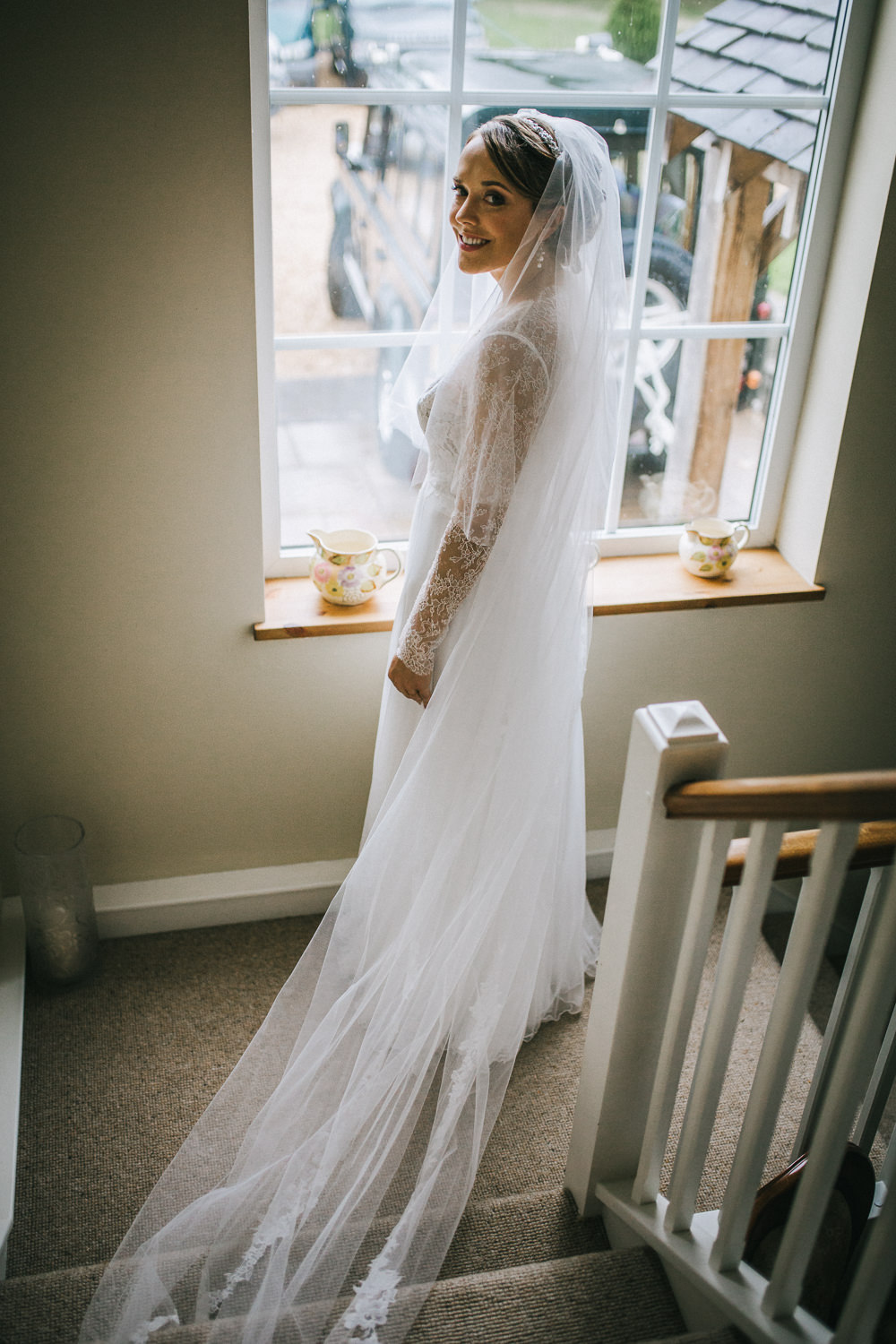 Dress Gown Bride Bridal Long Sleeves Tulle Skirt Train Tipi Garden Wedding Amy Jordison Photography