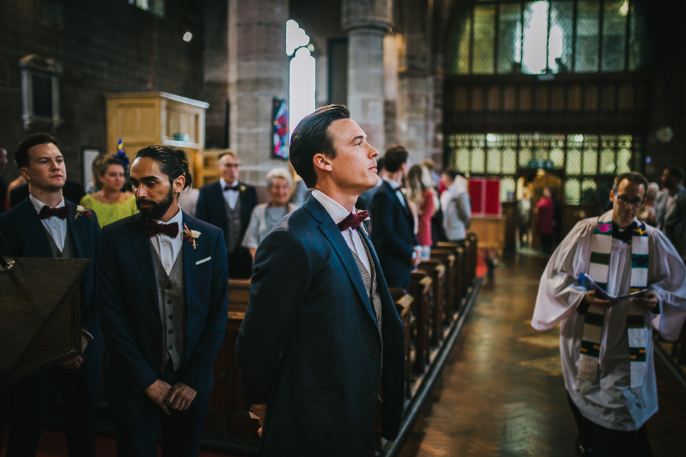 Groom Suit Blue Grey Waistcoat Red Bow Tie Tipi Garden Wedding Amy Jordison Photography