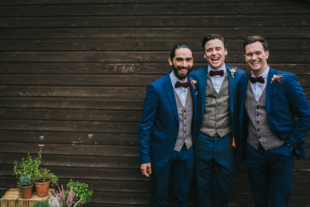 Groom Suit Blue Grey Waistcoat Red Bow Tie Groomsmen Tipi Garden Wedding Amy Jordison Photography