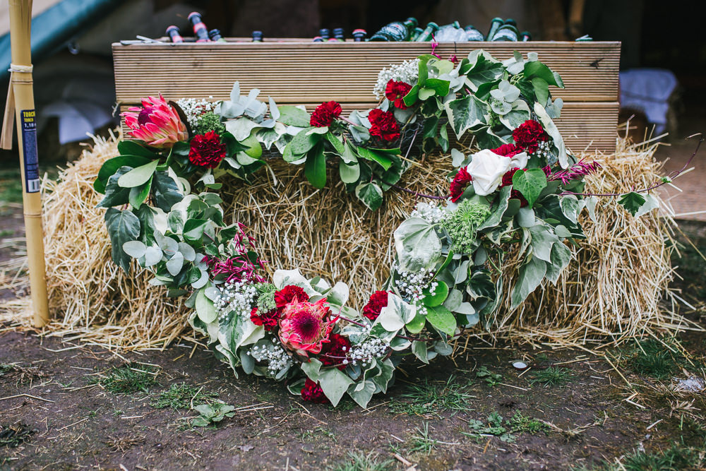 Flowers Eucalyptus Lily Gypsophila Heart Wreath Tipi Garden Wedding Amy Jordison Photography