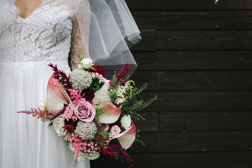 Bouquets Flowers Bride Bridal Pink Red Rose Astilbe Lily Tipi Garden Wedding Amy Jordison Photography