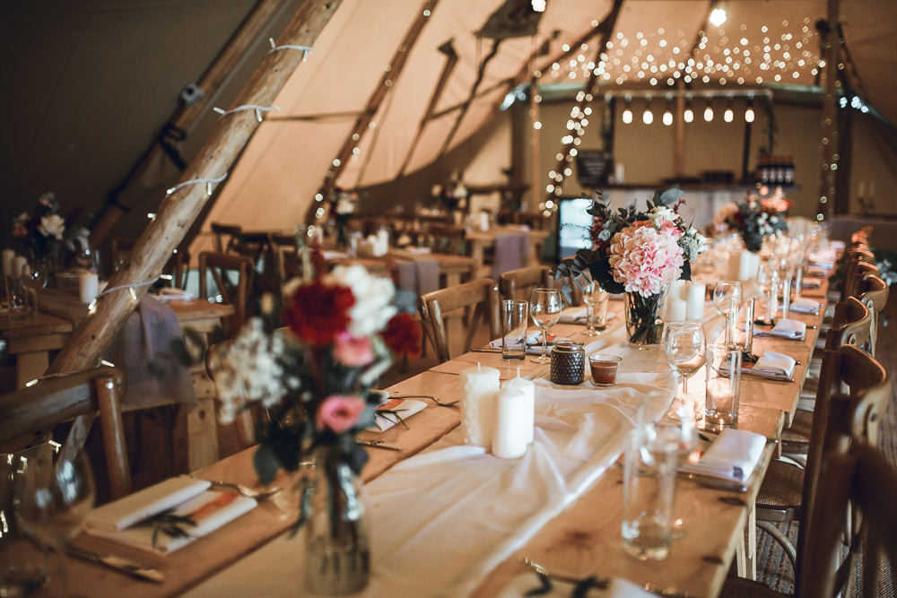 Flowers Tables Fairy Lights Decor Tipi Garden Wedding Amy Jordison Photography